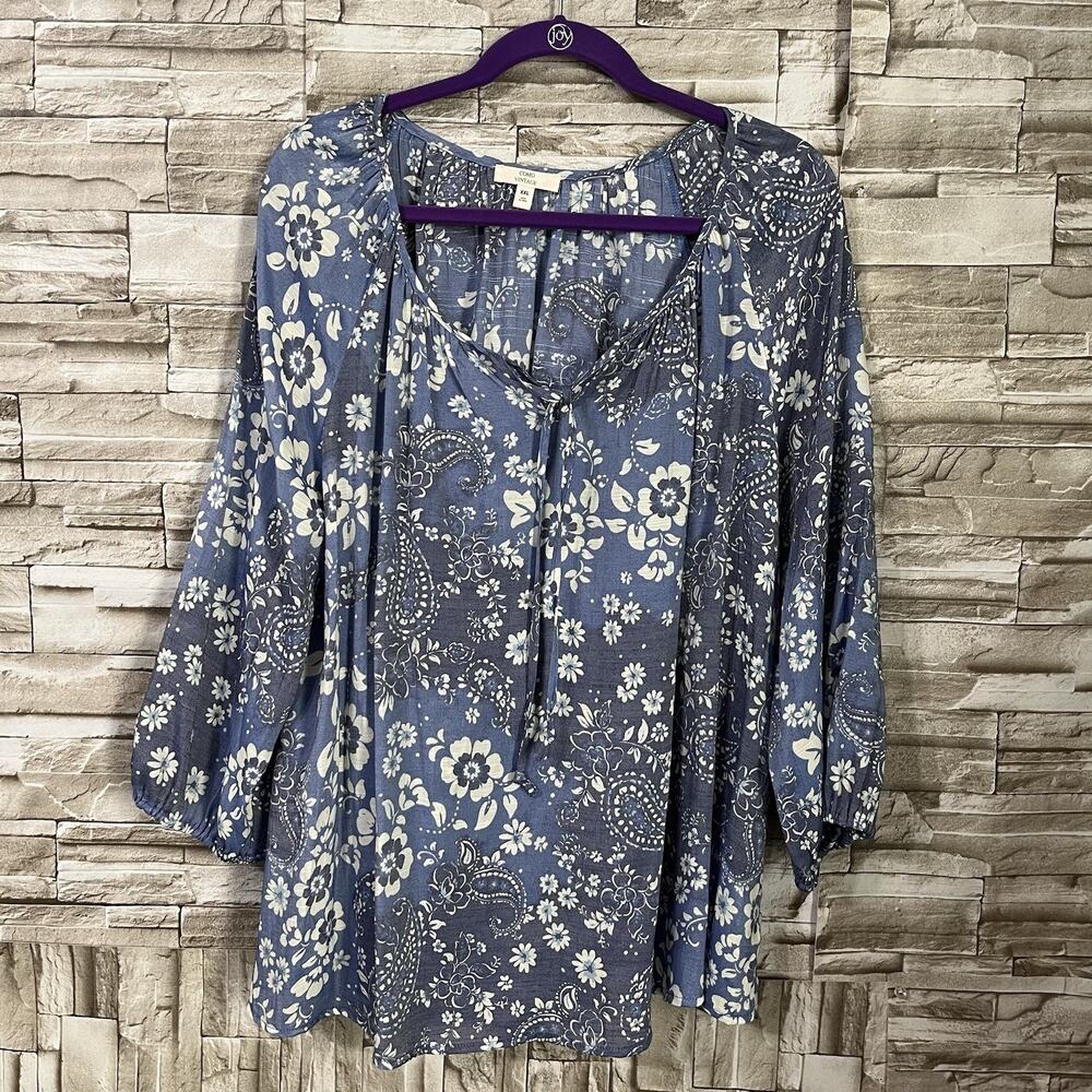 Como Vintage Printed Floral Gossamer Blouse Top Size XXL Blue 3/4 Sleeve
